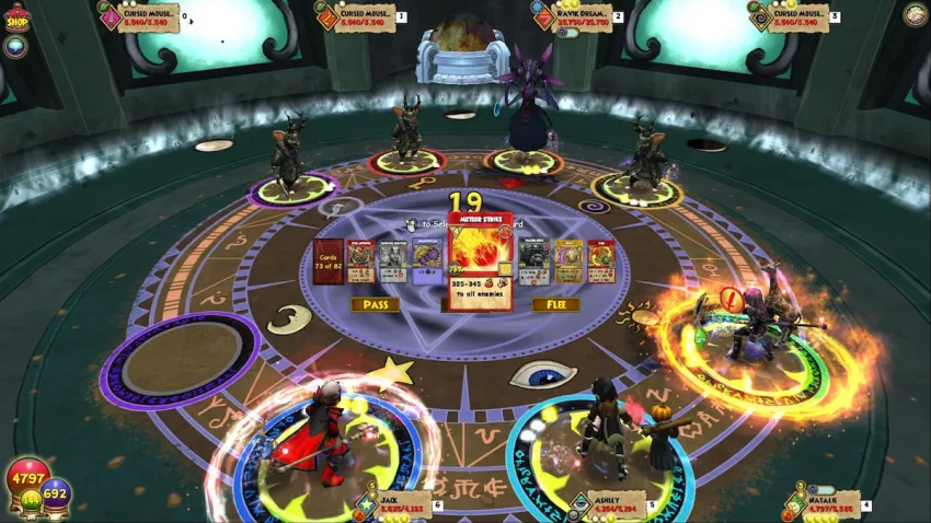 Gameplay Wizard101 dalam dunia Spiral dengan karakter penyihir bertarung
