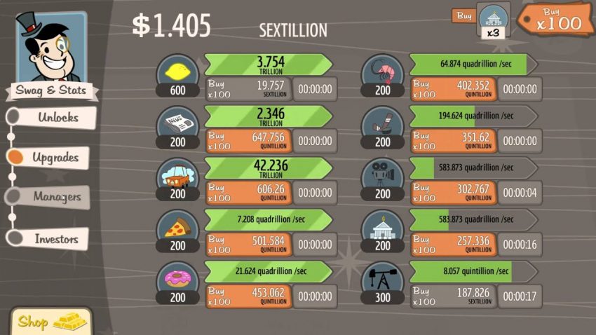 Screenshot gameplay AdVenture Capitalist menampilkan bisnis awal dan penghasilan virtual