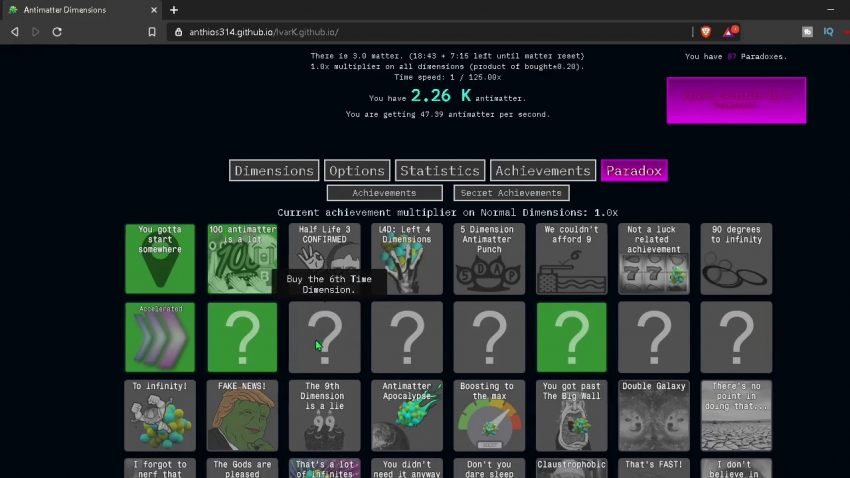 Screenshot gameplay Antimatter Dimensions menunjukkan berbagai dimensions dan antimatter