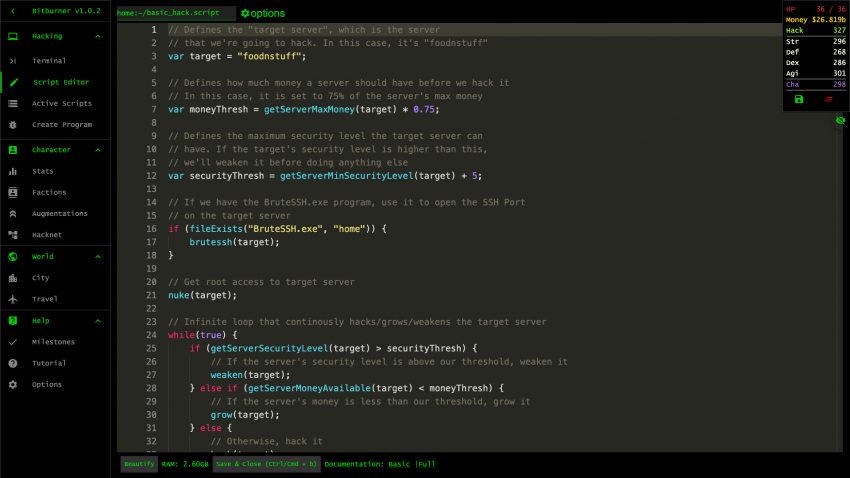 Screenshot Bitburner menampilkan terminal hacking dan server virtual