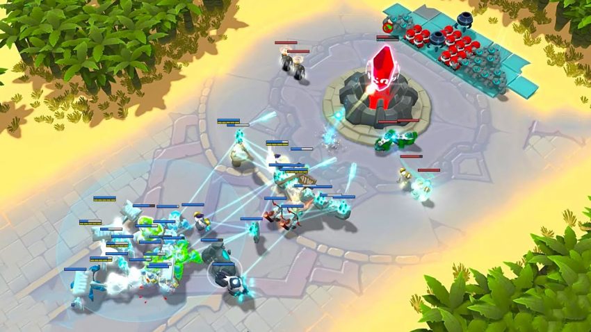 Karakter utama Crystal Clash dengan senjata epic dalam pertempuran