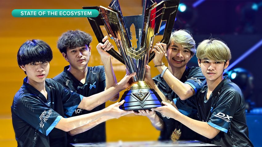 Ilustrasi ekosistem Free Fire Esports 2026 yang menampilkan turnamen global, tim profesional, dan komunitas esports mobile