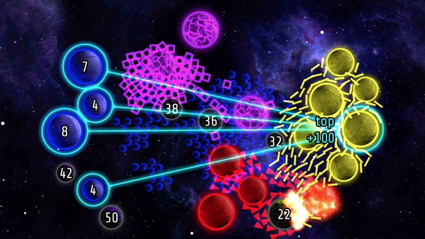 Layar Galcon 2 menampilkan pertempuran antar planet dan armada galaksi