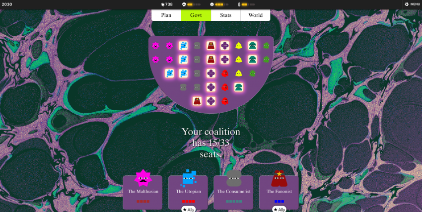 Tampilan dunia terbuka di game Half-Earth Socialism STEAM dengan simulasi sosial dan ekonomi
