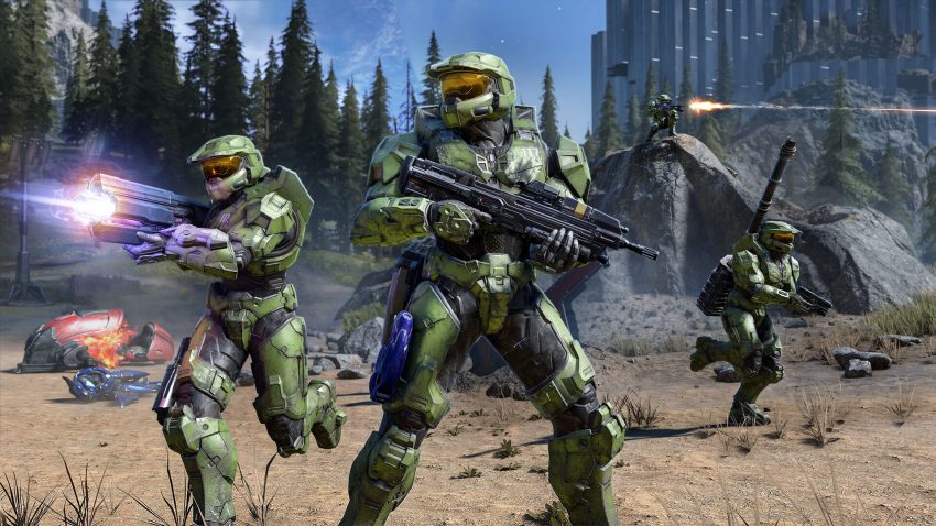 Gameplay Halo Infinite dengan Master Chief menggunakan Grappleshot di Zeta Halo