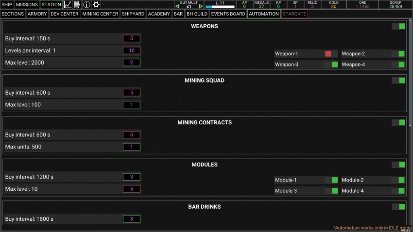Kapal luar angkasa futuristik menjelajahi galaksi di game Idle Space Raider
