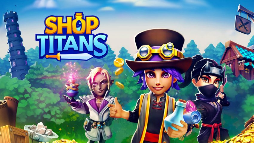 Tampilan toko utama Shop Titans dengan rak penuh senjata dan armor