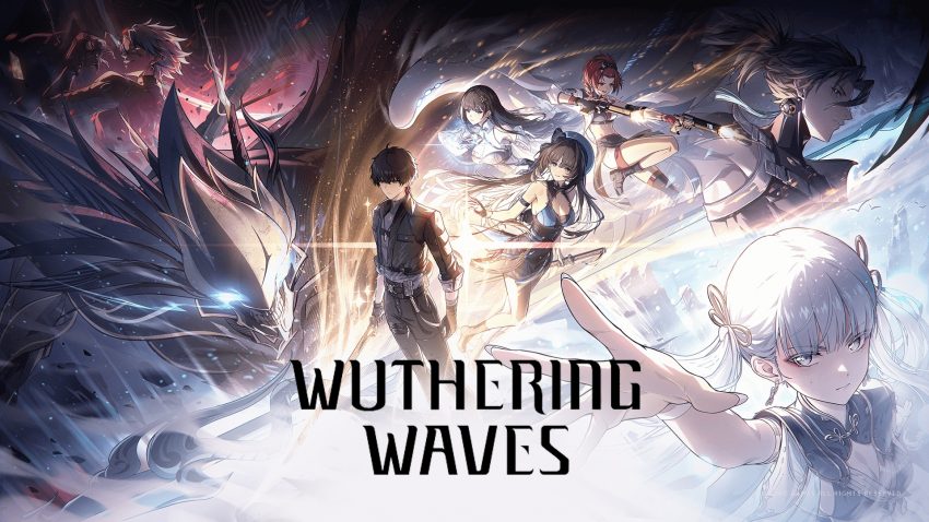 Pemandangan dunia terbuka Wuthering Waves dengan pegunungan dan kastil fantasi