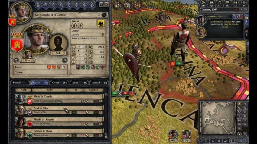 Gameplay Crusader Kings II yang menampilkan peta kerajaan dan sistem strategi dinasti abad pertengahan
