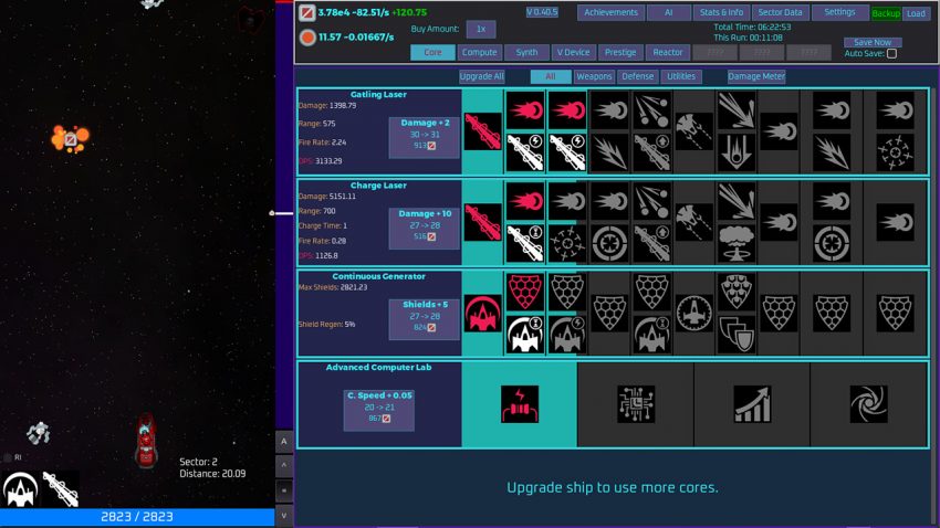 Gameplay Unnamed Space Idle dengan kapal luar angkasa dan sistem upgrade galaksi