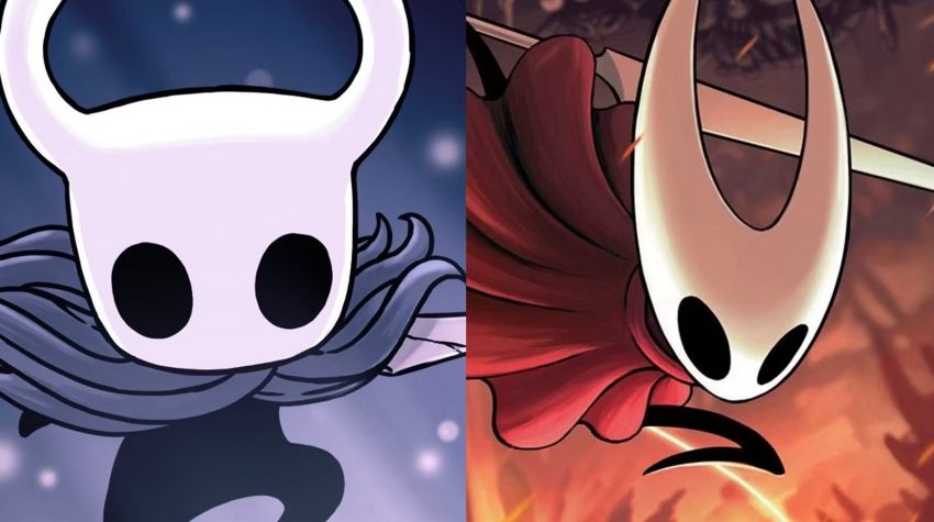 Karakter utama Hollow Knight berdiri di depan gerbang kota Hallownest yang gelap dan atmosferik.