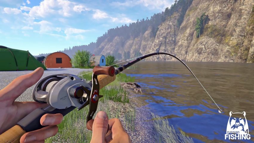 Gameplay Russian Fishing 4 saat pemain memancing ikan besar di danau dengan peralatan lengkap