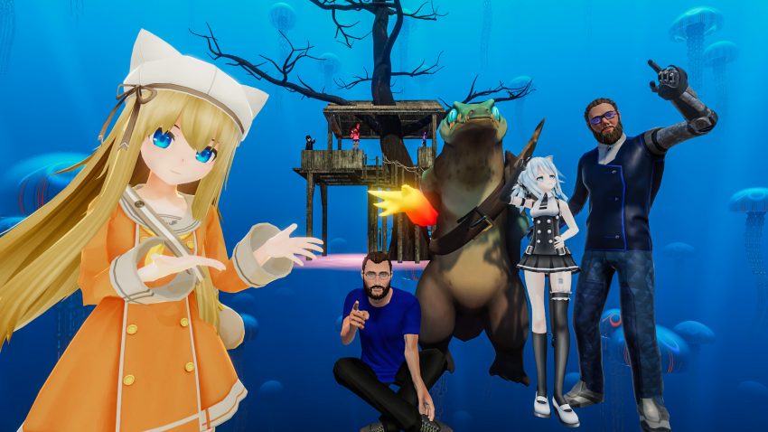 Pemain menggunakan avatar unik berinteraksi di dunia virtual VRChat versi Steam