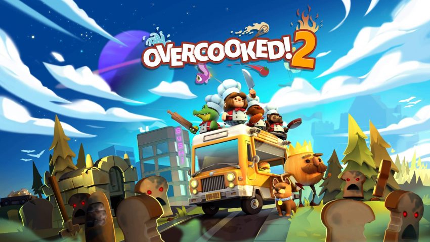 Karakter koki di game Overcooked sedang memasak di dapur yang bergerak.