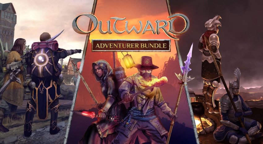 Karakter pemain menjelajahi dunia Aurai dalam Outward Definitive Edition dengan ransel besar.