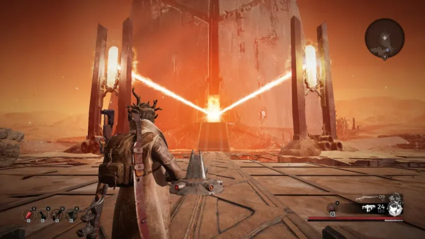 Karakter menggunakan senjata api melawan boss monster di Remnant From the Ashes