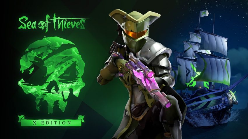 Karakter bajak laut berdiri di depan kapal Galleon dalam Sea of Thieves 2025 Edition.