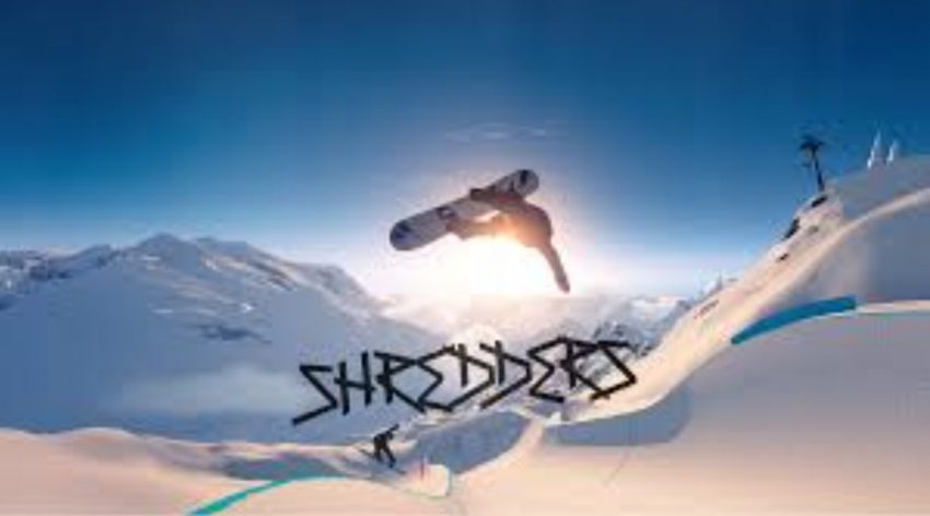 pemain melakukan trik snowboarding di game Shredders dengan latar pegunungan salju