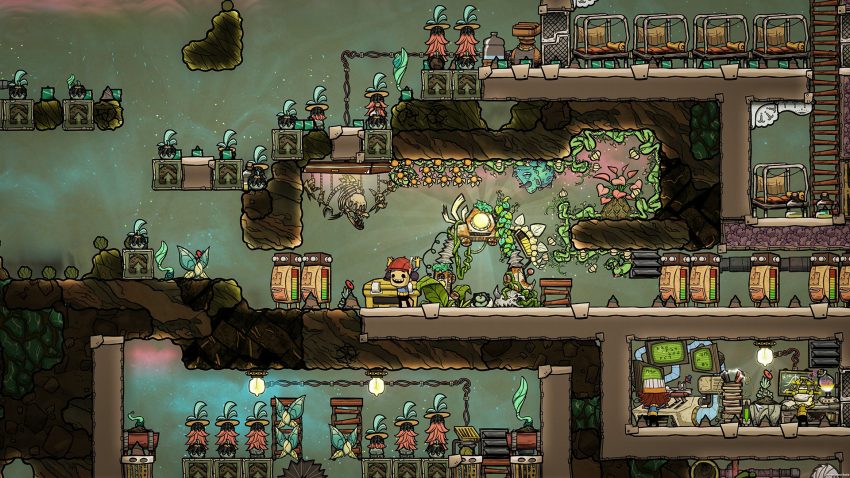 tampilan base dalam game Oxygen Not Included dengan sistem oksigen dan koloni rapi