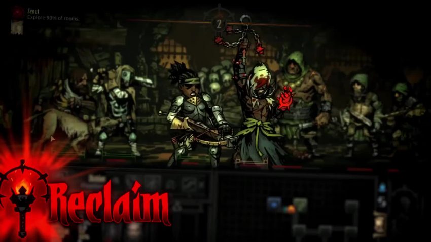 tampilan gameplay darkest dungeon dengan tim petualang di dungeon gelap