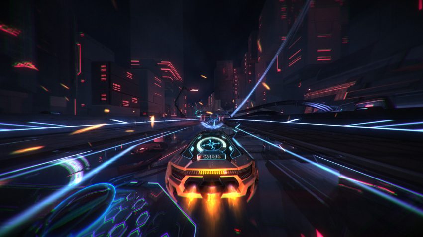 Gameplay Distance Steam dengan mobil futuristik melewati rintangan neon