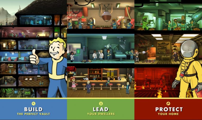 tampilan vault dalam game Fallout Shelter dengan berbagai ruangan dan penghuni