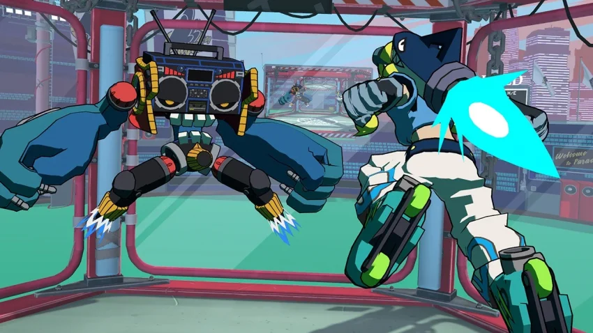 Gameplay Lethal League Blaze dengan karakter memukul bola berkecepatan tinggi