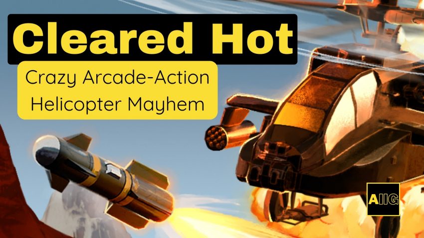 Aksi helikopter tempur dalam game Cleared Hot saat menyerang markas musuh dari perspektif top-down.