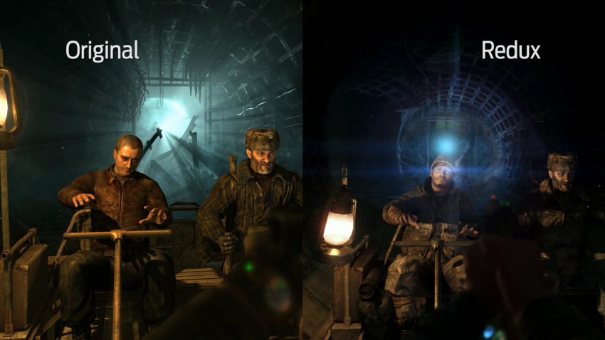 Artyom menggunakan masker gas di reruntuhan Moskow Metro 2033 Redux