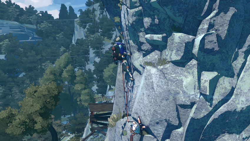 Karakter dalam game Cairn sedang mendaki gunung bersalju dengan suasana survival realistis
