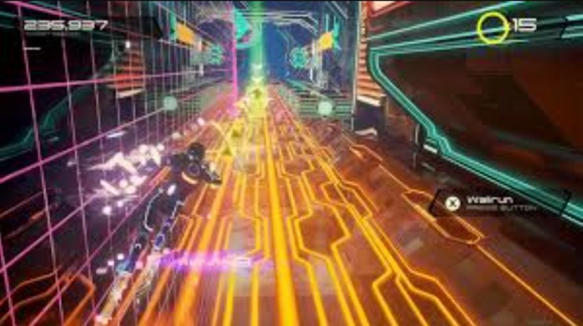 Gameplay TRON RUN/r dengan karakter berlari di dunia digital neon futuristik
