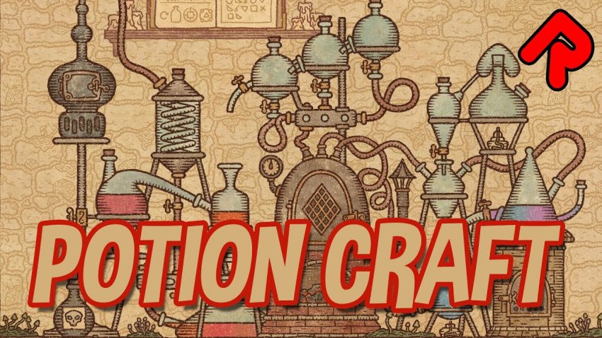 Karakter sedang meracik ramuan di Potion Craft Alchemist Simulator dengan tampilan meja alkimia klasik