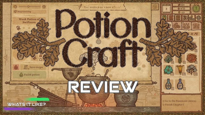 Karakter sedang meracik ramuan di Potion Craft Alchemist Simulator dengan tampilan meja alkimia klasik