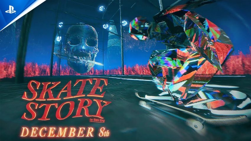 Karakter utama Skate Story melakukan trik skateboard di dunia bawah tanah dengan visual surealis dan efek neon.