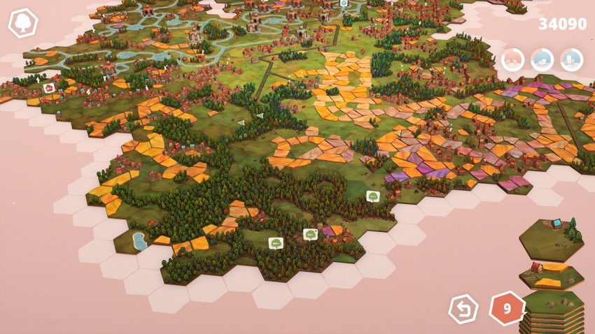 Dorfromantik gameplay membangun lanskap desa, hutan, sungai, dan ladang dalam game puzzle strategi santai