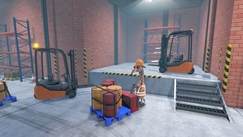 Gameplay Extreme Forklifting 3 saat mengoperasikan forklift membawa kargo melalui rintangan ekstrem
