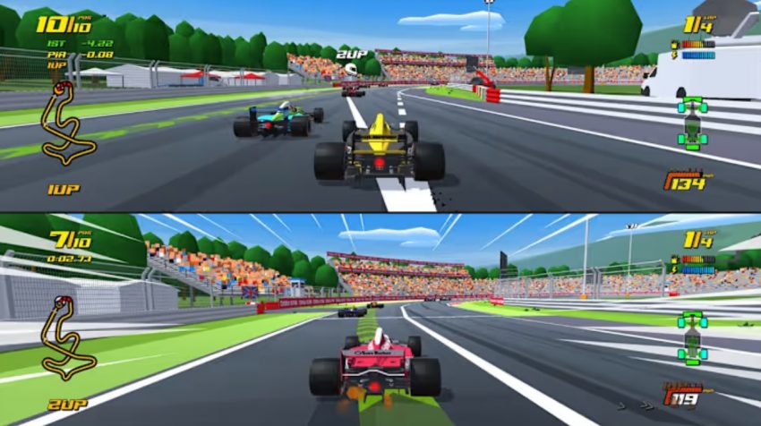 Gameplay New Star GP menampilkan mobil Formula balapan di lintasan dengan grafis retro modern