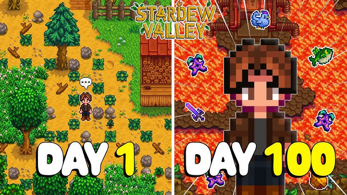 Pemandangan pertanian Stardew Valley dengan tanaman, hewan ternak, dan rumah petani yang berkembang pesat.