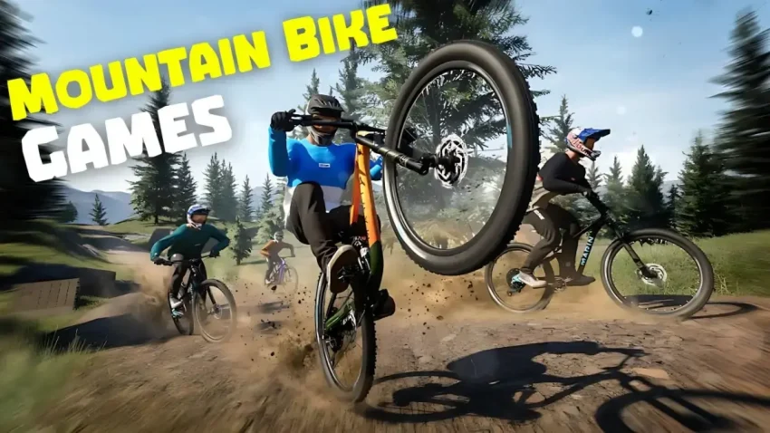Karakter mengendarai sepeda di dunia terbuka Wheel World dengan pemandangan alam yang indah dan jalur balapan menantang