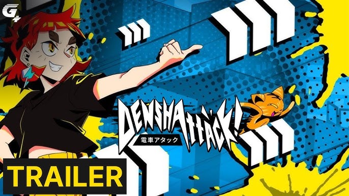 Karakter utama Denshattack! melaju di kota futuristik dengan gaya arcade modern.