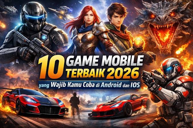 Ilustrasi 10 mobile games terbaik 2026 dengan grafis modern untuk Android dan iOS
